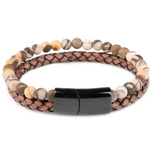 Charger l'image dans la galerie, Genuine leather bracelet with natural stone beads, featuring a sleek magnetic clasp, perfect for elegant style.