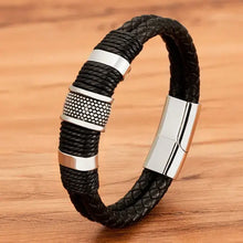Cargar imagen en el visor de la galería, Woven leather rope wrapping men's bracelet with stainless steel accents, showcasing sleek design and craftsmanship for everyday style.