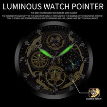 Load image into Gallery viewer, Luminous watch face with green pointers and calendar window, showcasing intricate machinery and elegant design in dim lighting.