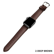 Cargar imagen en el visor de la galería, Brown leather band for Apple Watch, elegant and stylish accessory, deep brown color, compatible with Series 1-5, 38mm-44mm sizes.