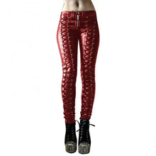 Load image into Gallery viewer, Red steampunk skinny pants with lace-up detail, vegan leather, edgy fashion, stylish imported apparel for a bold look.