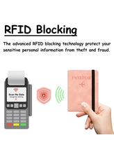 Cargar imagen en el visor de la galería, RFID blocking passport holder demo protecting against unauthorized scanning with secure leather travel wallet.