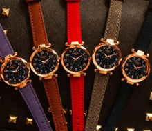 Cargar imagen en el visor de la galería, Premium Leather Star Sky Watches with colorful vegan bands showcase celestial dials, elegant and sophisticated timepieces for fashion lovers.