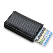 Cargar imagen en el visor de la galería, RFID Black Trifold Vegan Leather Slim Wallet with cards inside, ideal for secure and organized everyday carry.