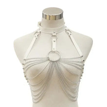 Load image into Gallery viewer, Goth leather body harness chain bra with intricate design on mannequin, featuring silver chains and bold style for edgy fashion.