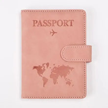Cargar imagen en el visor de la galería, PU leather passport holder with world map design in pink, vegan and imported, stylish travel accessory for organizing essentials.