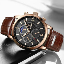 Load image into Gallery viewer, 2023 LIGE luxury men's watch with brown vegan leather strap, black dial, and chronograph function, perfect gift in box with warranty.