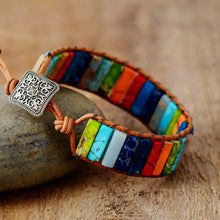 Cargar imagen en el visor de la galería, Leather wrap bracelet with multi-color natural stone tube beads, featuring a bohemian style and chakra balancing energy.