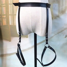 Cargar imagen en el visor de la galería, Black leather garters waist belt harness on mannequin, fashion accessory for bold style and confidence