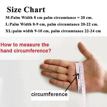 Charger l'image dans la galerie, Hand measuring circumference with size chart for tactical gloves, including measurements for M, L, and XL sizes.