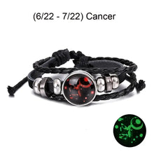 Cargar imagen en el visor de la galería, Cancer zodiac sign leather bracelet with glowing constellation charm, perfect accessory for astrological style.