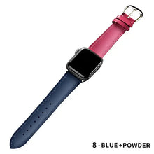 Cargar imagen en el visor de la galería, Blue and pink leather band for Apple Watch showcasing elegant design with metal buckle, compatible with various sizes and series.