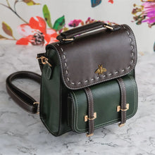 Load image into Gallery viewer, Bumblebee vegan leather backpack with sleek design and multiple compartments, ideal for stylish professionals. Brown and green finish.