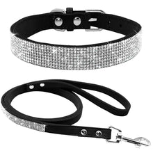 Cargar imagen en el visor de la galería, Elegant leather dog collar leash set with sparkling rhinestones, combining style and durability for a chic dog walking accessory.
