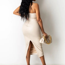 Cargar imagen en el visor de la galería, Plus Size Vegan Leather Dress with Spaghetti Straps and Slit Back, Showcasing Style and Confidence