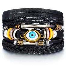 Charger l'image dans la galerie, Multilayer leather bracelet with eye charm, featuring black and gold accents, ideal for adding rugged elegance and style.