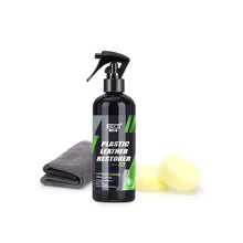 Cargar imagen en el visor de la galería, Car Interior Leather Conditioner with advanced ceramic technology for UV protection, shown with application cloth and sponges.