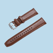 Cargar imagen en el visor de la galería, Brown leather watch band with polished metal buckle, 22mm width, crafted from Italian calf skin leather, elegant and refined design.