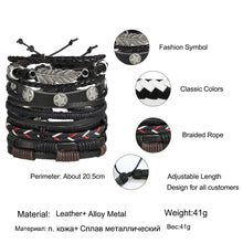 Charger l'image dans la galerie, Multilayer leather bracelet set with braided rope, adjustable length, and classic colors, made from leather and alloy metal. Weight: 41g.