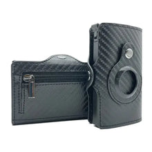 Load image into Gallery viewer, Slim trifold vegan leather wallet for men with AirTag holder, carbon fiber pattern, 8 card slots, money clip, and secure design.