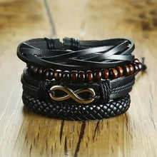 Cargar imagen en el visor de la galería, Stylish braided wrap leather bracelet with intricate designs and an infinity charm, showcasing craftsmanship and sophistication.