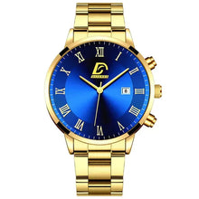 Charger l'image dans la galerie, Elegant blue dial gold men's watch with Roman numerals and date feature, showcasing minimalist design and sophistication.