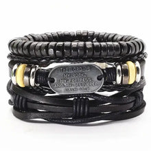 Cargar imagen en el visor de la galería, Men's leather bracelet stack with engraved religious quote, featuring beads and black leather, ideal for adding rugged sophistication.