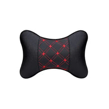Cargar imagen en el visor de la galería, PU leather car neck pillow for head pain relief with red stitching, vegan leather, imported design, enhances car interior.