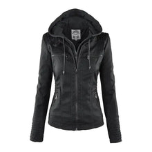 Load image into Gallery viewer, Gothic faux leather jacket with hood, designed for bold and edgy style, perfect for expressing individuality and comfort.