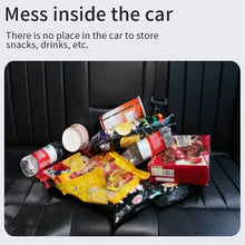 Cargar imagen en el visor de la galería, Cluttered car backseat with snacks and drinks, illustrating the need for extra car storage solutions.