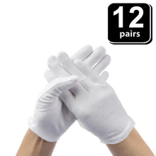 Load image into Gallery viewer, Hands wearing soft white cotton gloves, 12 pairs set, perfect for sensitive skin and delicate tasks, premium comfort and protection.