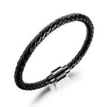 Cargar imagen en el visor de la galería, Classic multi-layered hand woven vegan leather bracelet in sleek black, perfect for men's fashion and sophisticated style.