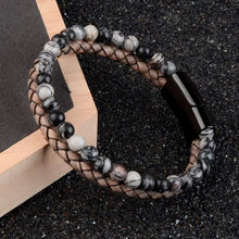 Charger l'image dans la galerie, Natural stone and genuine leather bracelet with elegant design, enhances style with sophistication. Perfect fashion accessory.