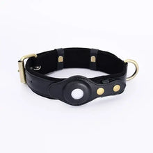 Cargar imagen en el visor de la galería, Black vegan leather anti-lost dog collar with adjustable sizing and gold buckle, designed for pet safety and comfort.