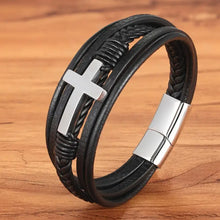 Load image into Gallery viewer, Cross vegan leather bracelet with silver clasp, perfect gift for loved ones. Imported craftsmanship.