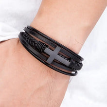 Load image into Gallery viewer, Black cross leather bracelet made from vegan leather, perfect gift for loved ones, symbolizes 'Love you forever.'