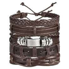 Charger l'image dans la galerie, Multilayer leather bracelet with braided and plain straps, featuring a metallic clasp, perfect for stylish and durable wear.