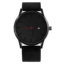 Cargar imagen en el visor de la galería, Black leather quartz watch with vegan leather strap and minimalist design, suitable for men and women, offering precise timekeeping.