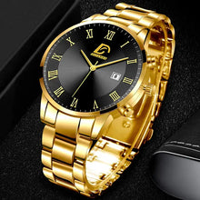 Charger l'image dans la galerie, Gold minimalist men's watch with black face, Roman numerals, and sleek design, ideal for timeless style and elegance.