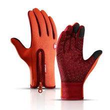 Load image into Gallery viewer, Orange and red winter cycling gloves with zipper, ideal for outdoor sports, offering comfort, style, and functionality.