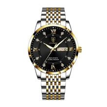 Load image into Gallery viewer, Men's stainless steel watch with black dial and gold accents, featuring a sleek, minimalist design ideal for modern style.