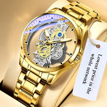 Load image into Gallery viewer, Skeleton Vintage Men's Watch with gold stainless steel band and open-face dial, offering luxury and style. Tag reads 'Lowest price in the whole network.'