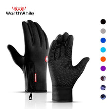 Load image into Gallery viewer, Winter outdoor sports cycling gloves in black with textured grip and zip closure, displayed with various color options.