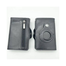Load image into Gallery viewer, Slim thin trifold men’s vegan leather wallet with Apple AirTag cover, carbon fiber design, and secure money clip.