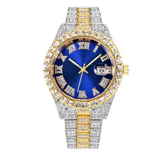 Cargar imagen en el visor de la galería, Diamond Roman wrist watch with blue dial, gold stainless steel case, and diamond-encrusted bezel; luxury men's fashion accessory.