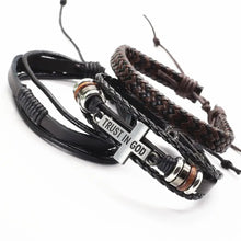 Cargar imagen en el visor de la galería, Men's leather bracelets and bangles featuring a 'Trust in God' charm, showcasing rugged sophistication and unique style for all occasions.