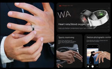 Cargar imagen en el visor de la galería, Alt Tag: Smart Ring with Display Screen for health monitoring, fitness tracking, and gesture control, shown on a hand and in advertisements.