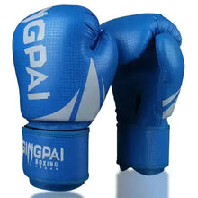 Load image into Gallery viewer, Blue premium boxing gloves with brand logo, designed for comfort and protection in sparring and training sessions.