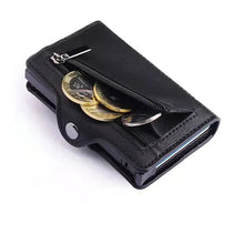 Load image into Gallery viewer, Slim trifold men's vegan leather wallet for Apple AirTags with coin pocket, 8 credit card slots, money clip, and sleek design.