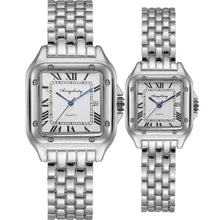 Charger l'image dans la galerie, Elegant New Luxury Couple's Watches with silver link bands and matching square dials, symbolizing timeless love and unity.